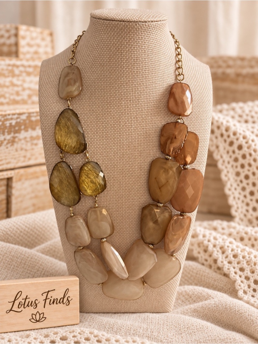 Chunky Neutral Faceted Bead Multistrand Statement Necklace